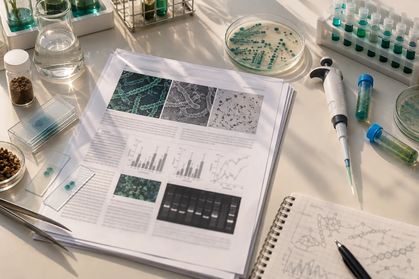 A printed research paper on a laboratory bench