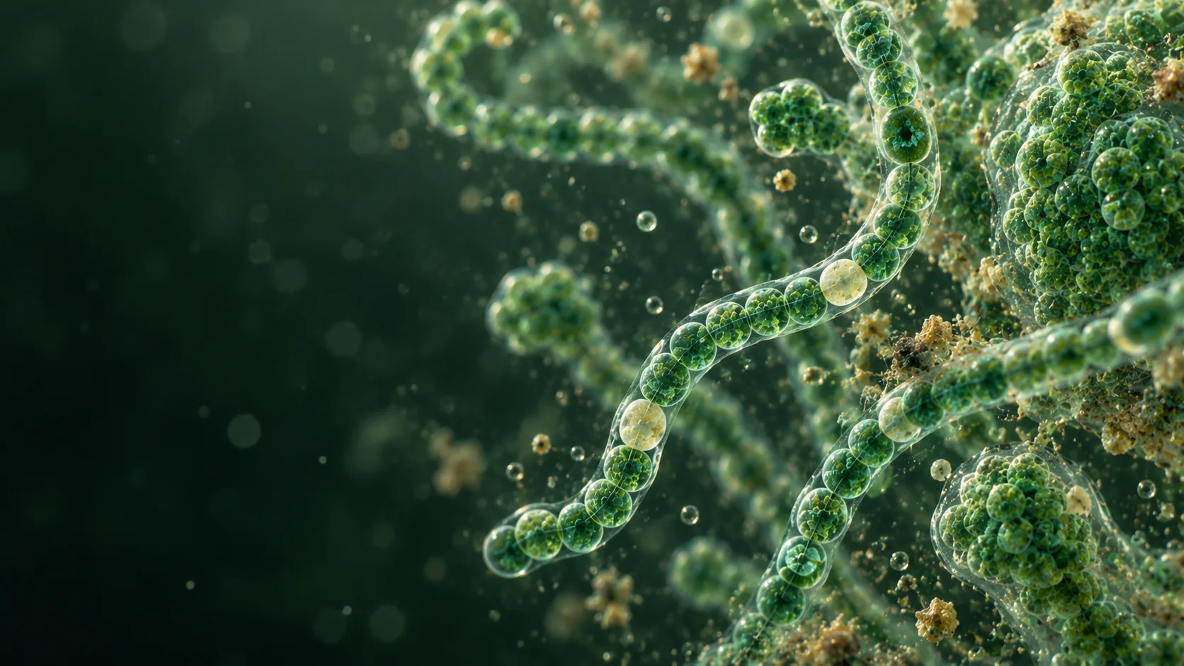 Macro view of cyanobacterial filaments and colonies