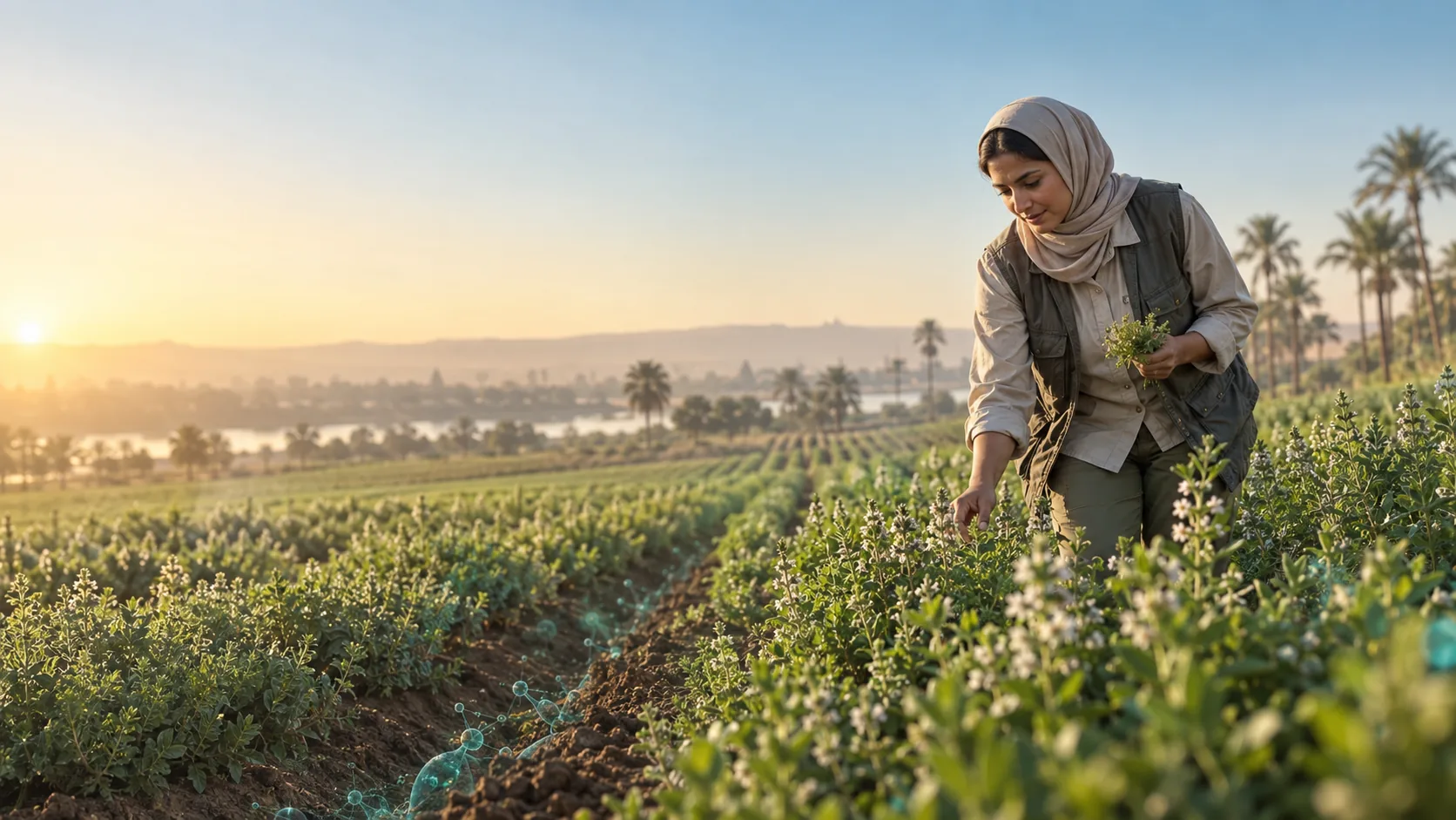 Egyptian agricultural landscape at low sun